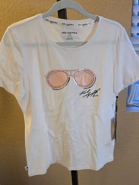 Karl Lagerfeld Womens White Tee with Pink Sequin Sunglasses Motif